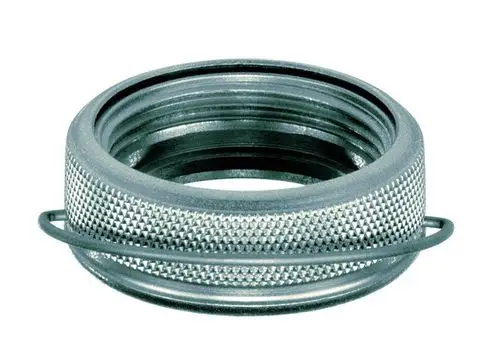 Metallic connector with a secured ring for theft protection, designed by IMI Hydronic Engineering, featuring a threaded interior and textured exterior for grip.